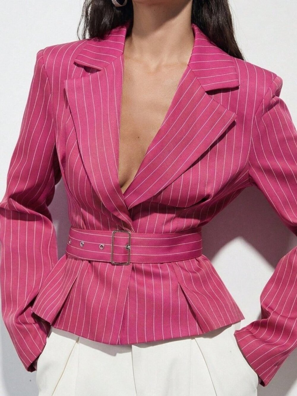 Hot Pink Striped Elegant Women's Blazer Jacket